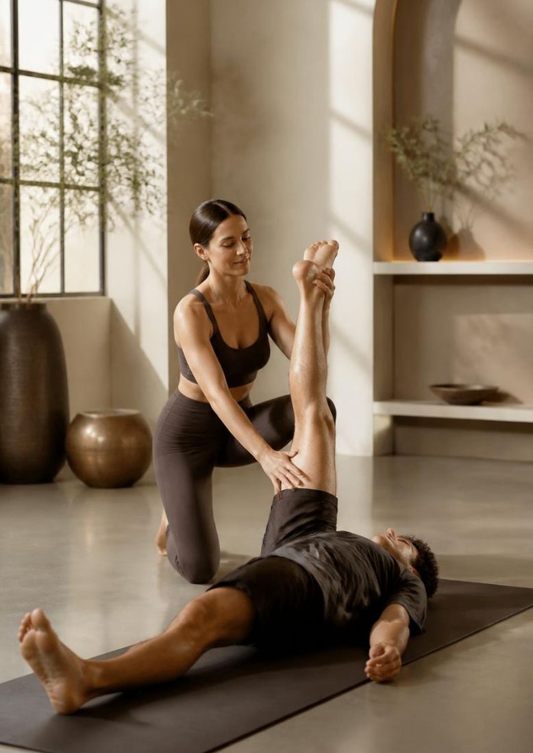 An instructor gently guiding a client through a stretch on a mat