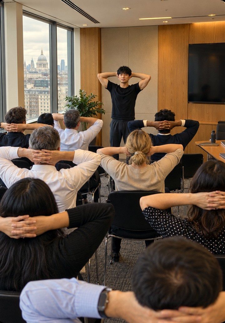 An instructor leading a group of colleagues through a neck and shoulder stretch in a boardroom