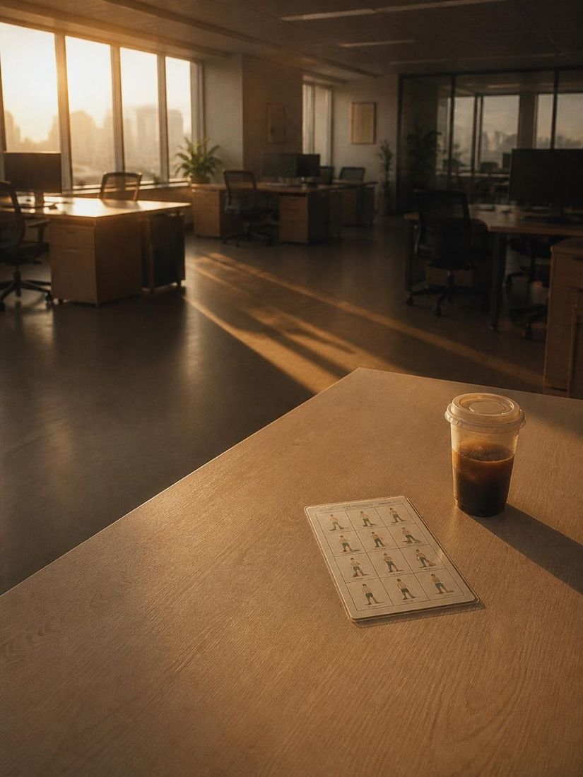 A quiet office at sunset with a programme card left on an empty desk