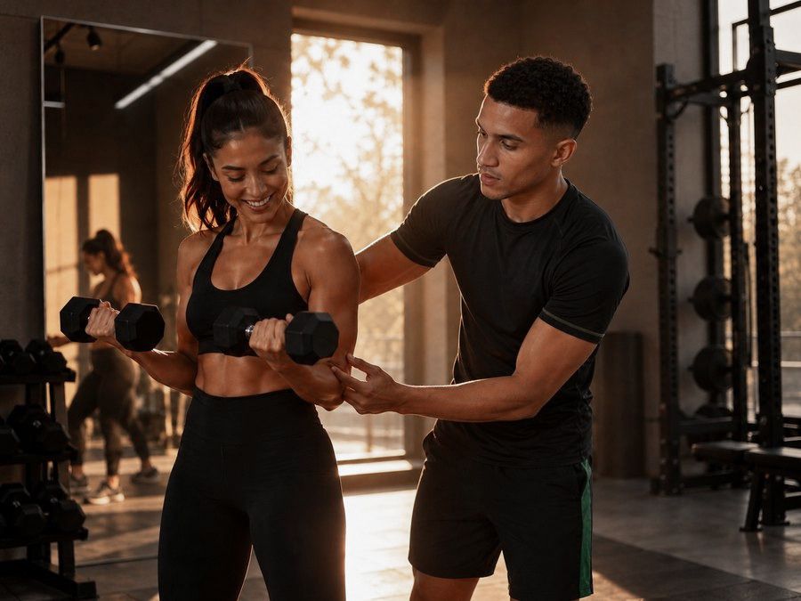 A trainer coaching a woman through a shoulder press in a sunlit gym