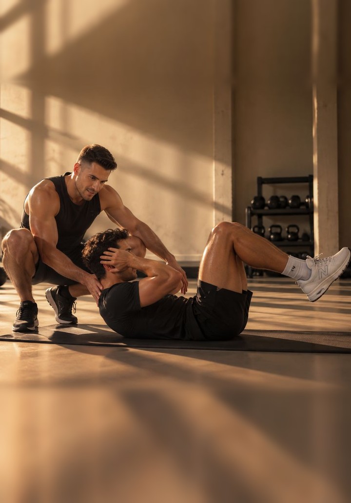 A coach working with a client on the gym floor in warm light
