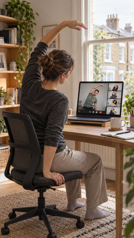 A person following a live online session from a home desk