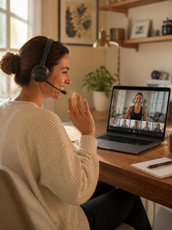 A woman in headphones waving and smiling as she joins a live online session from her home office