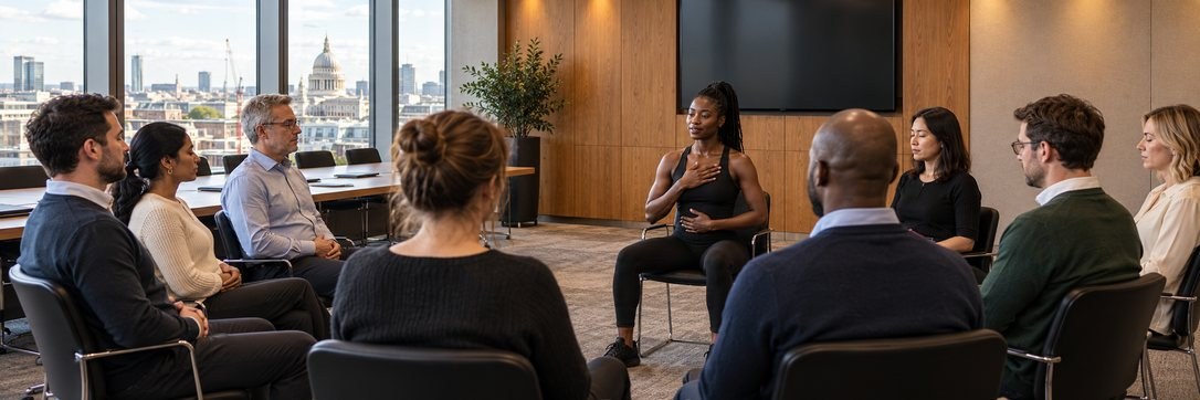 An instructor leading a breathing exercise for colleagues in a meeting room overlooking London