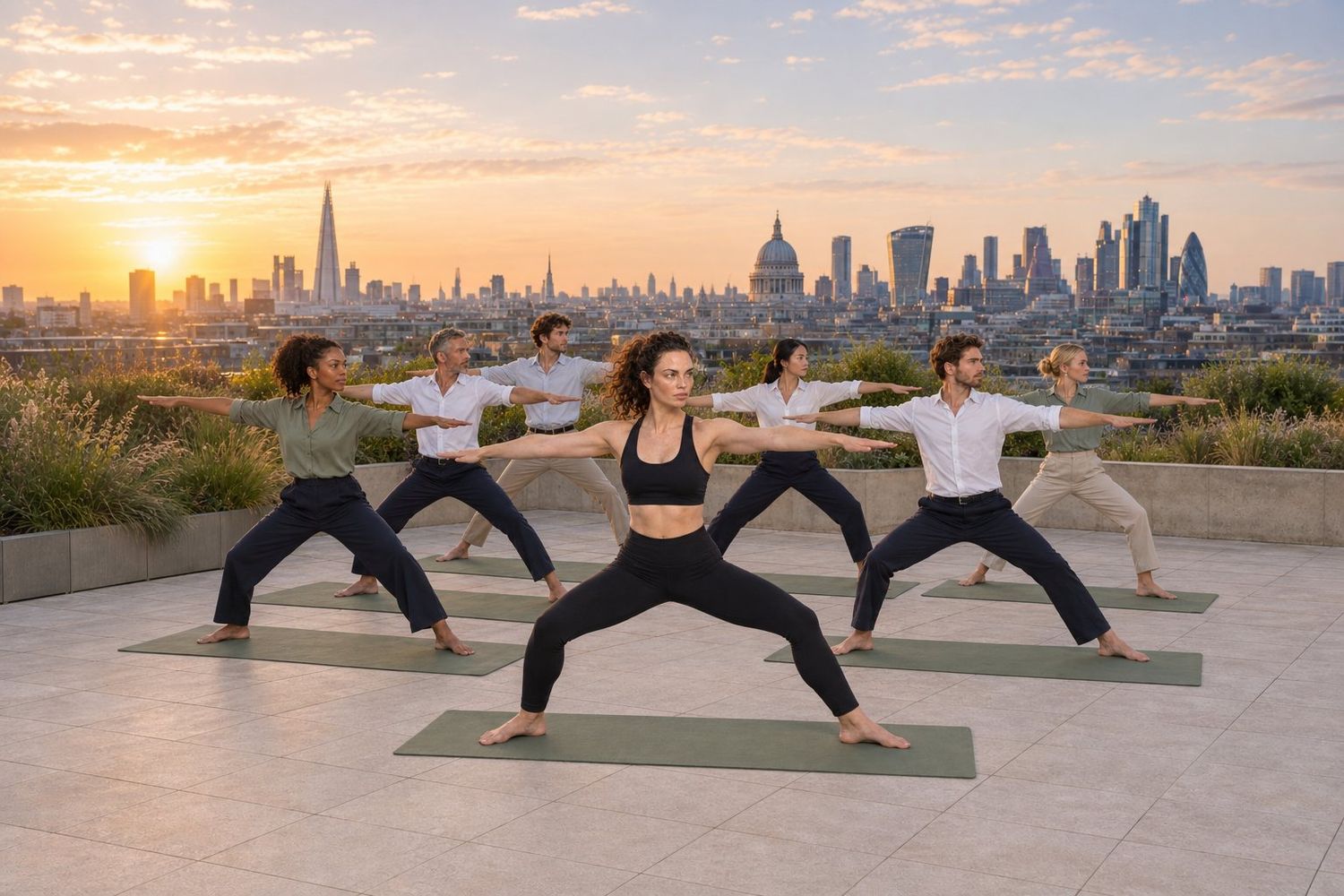 A group practising yoga on a rooftop at sunset with the London skyline behind