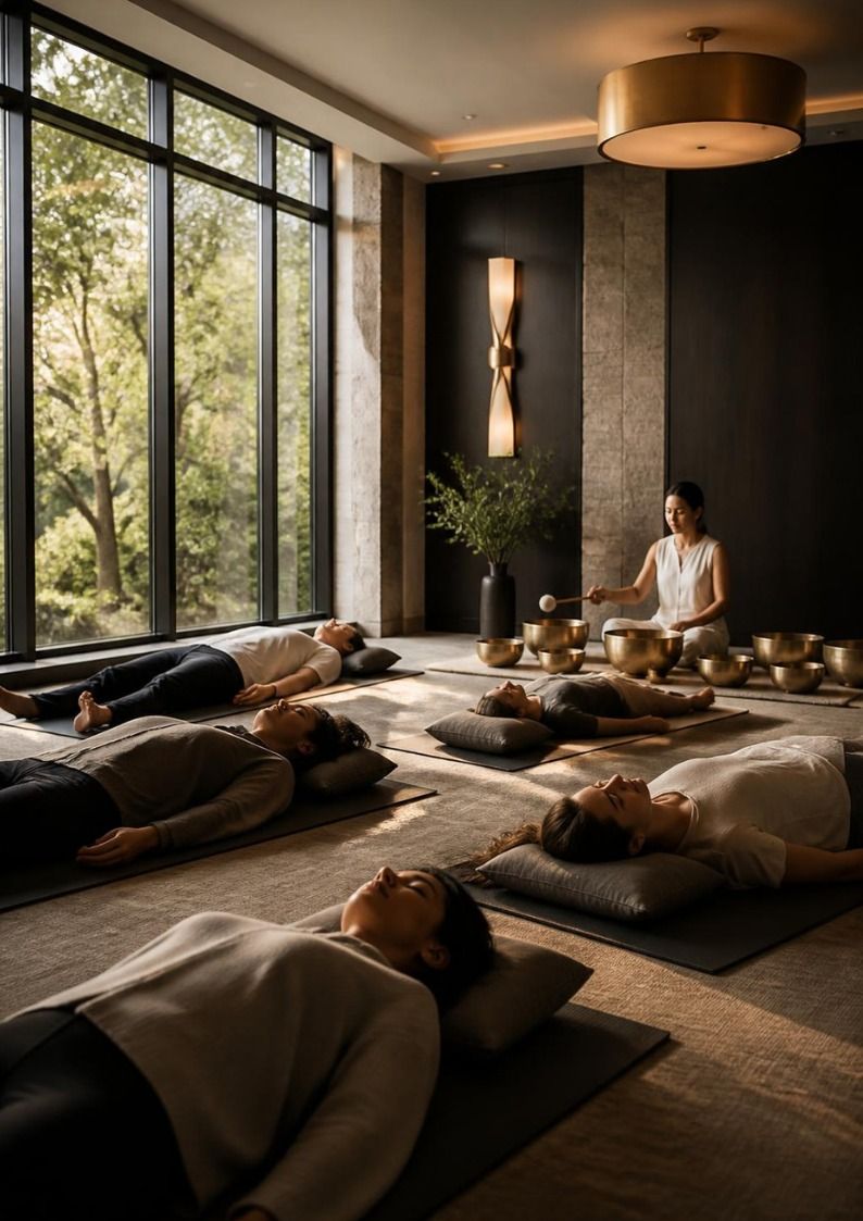 People resting on mats during a sound bath in a calm room
