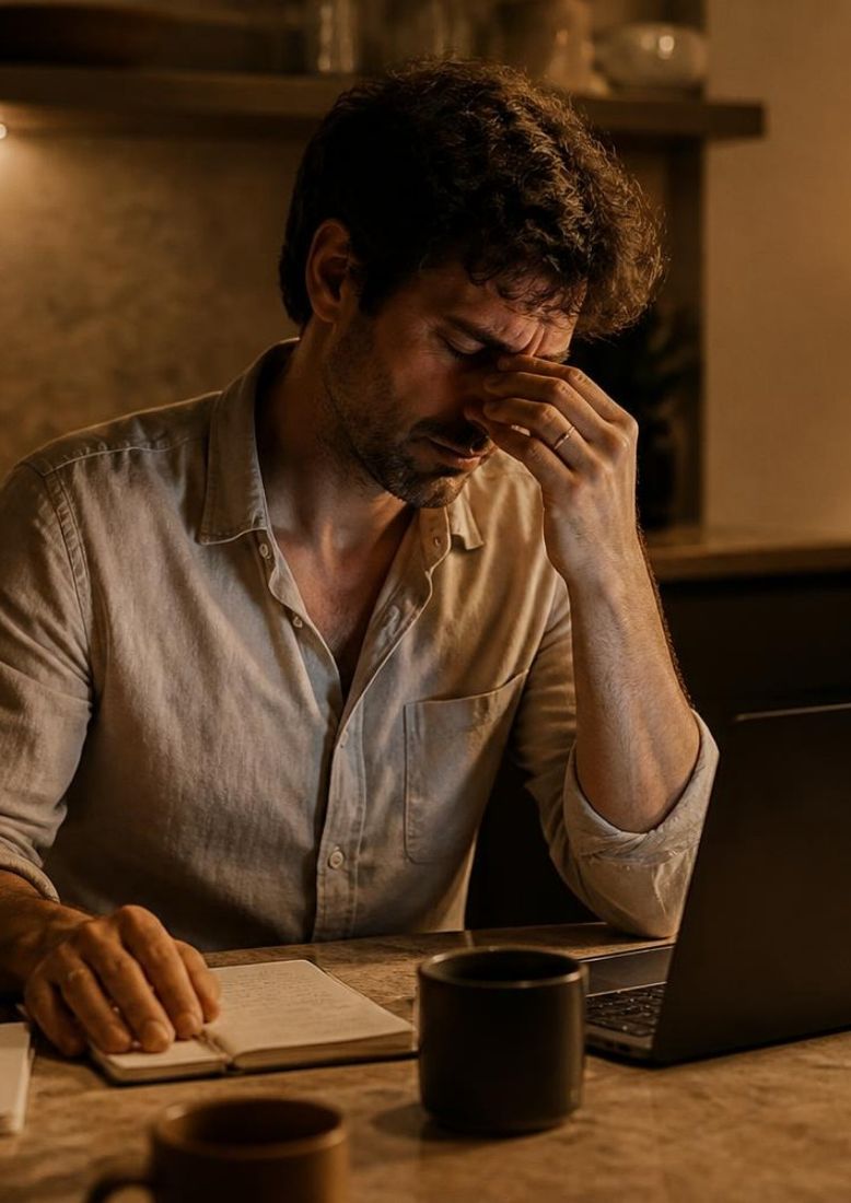 A tired man at his desk, hand to his forehead, late in the day