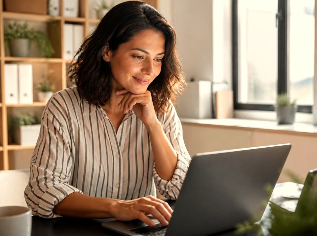 A smiling office worker at her laptop in a sunlit office, completing a survey